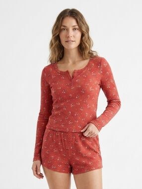 Womens Long-Sleeve Henley Top & Shorts Sleep Set - Rust Floral Waffle Print